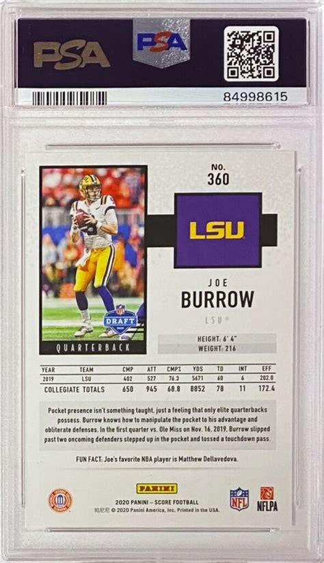 Joe Burrow Panini Score Football Lsu Tigers Graded Rookie Card