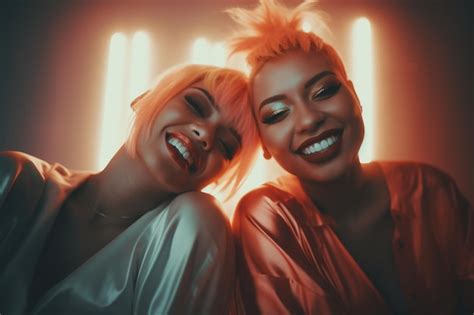 Chicas Alegres Abraz Ndose Una A La Otra Pareja Gay Feliz Sonriendo