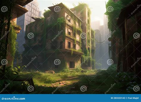 Concept Art Illustration Of Post Apocalyptic City Overgrown With Lush