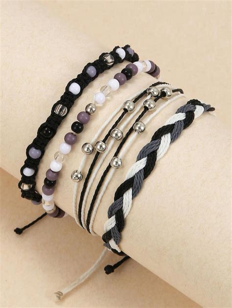 Pcs Acrylic Beaded Waxed Thread Braided Bracelet Set Shein Usa