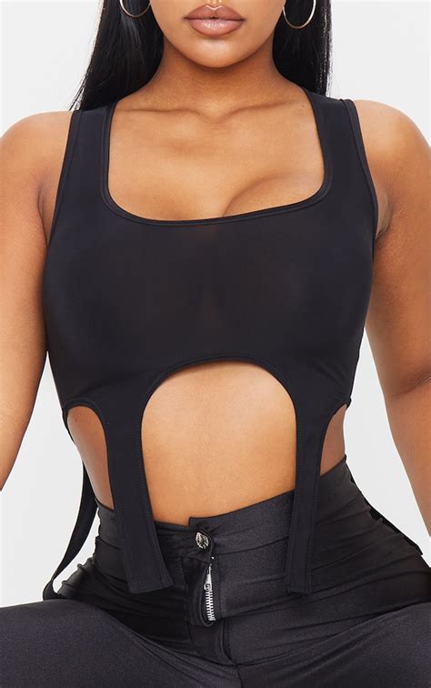 Slinky Black Curved Hem Crop Top Tops Prettylittlething Ca