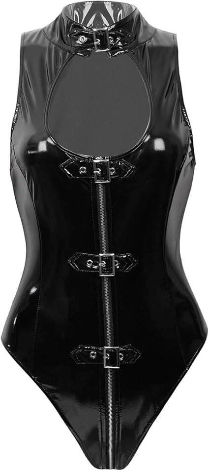 Yeahdor Damen Sexy Body Lack Leder Bodysuit Ouvert Dessous Spitze Netz