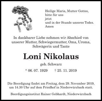 Traueranzeigen Von Loni Nikolaus Saarbruecker Zeitung Trauer De