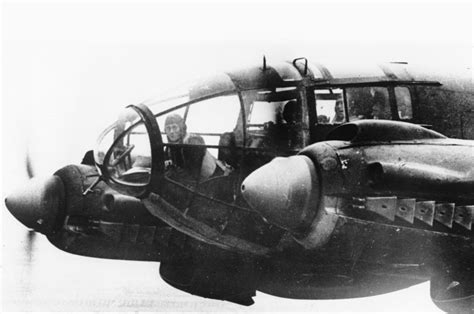 [Photo] The front of a Heinkel He-111 medium bomber in flight during a ...