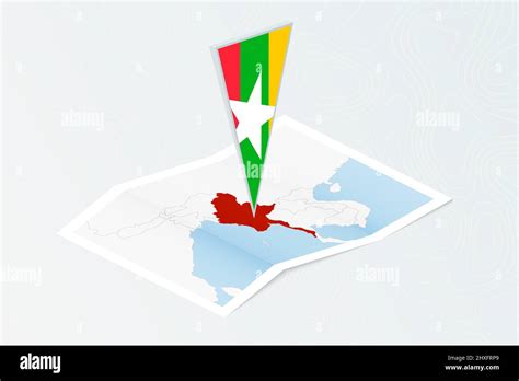 Isometric Paper Map Of Myanmar With Triangular Flag Of Myanmar In