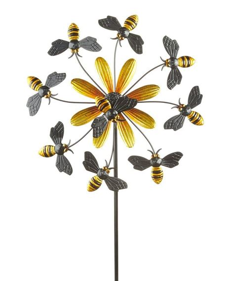 Bee Flower Wind Spinner Metal 54 High Double Pronged Garden Stake