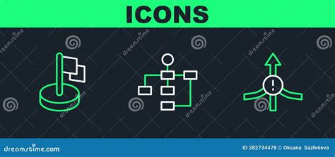 Set Line Arrow Flag And Hierarchy Organogram Chart Icon Vector Stock