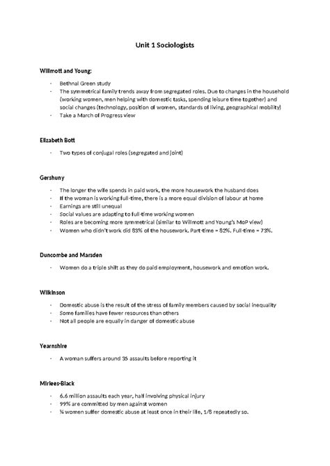 Unit 1 Sociologists - Unit 1 Sociologists Willmott and Young: - Bethnal Green study - The - Studocu