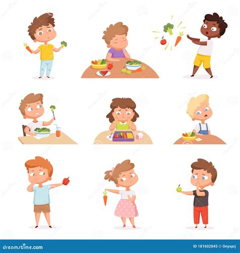 Kids and Vegetables. Little Hungry Children Eating Fast Food Dont Like Fruits and Healthy ...