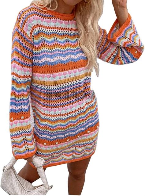 Rainbow Striped Long Sleeve Loose Crochet Striped Hollow Sweater Dress Women Sweater Crochet