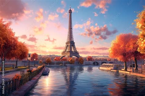 The Eiffel tower and river seine, paris, france with a golden glow of ...