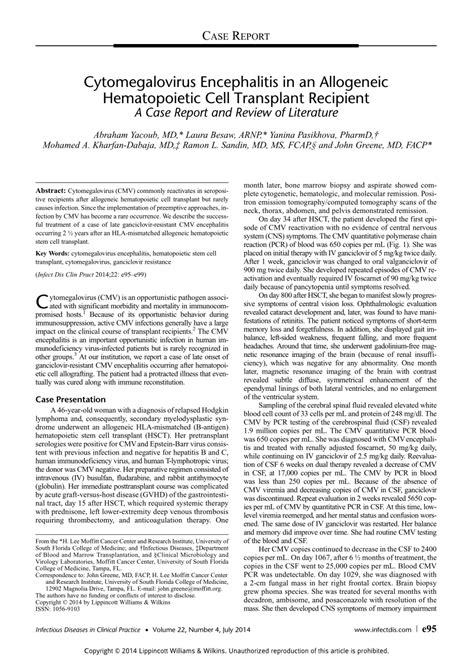 Pdf Cytomegalovirus Encephalitis In An Allogeneic Hematopoietic Cell Transplant Recipient