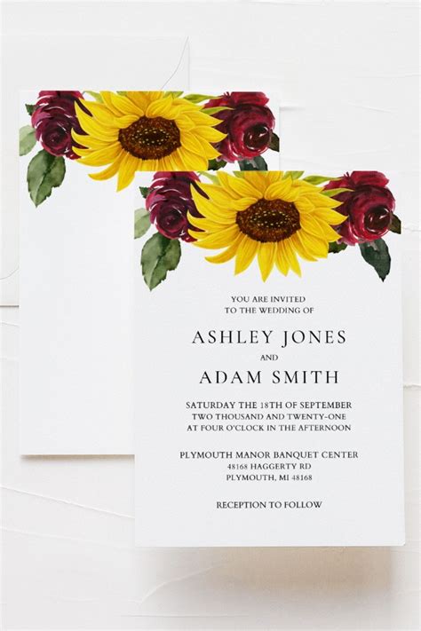 Printable Sunflower Wedding Invitation Template Sunflowers And Roses Wedding Invite Printable