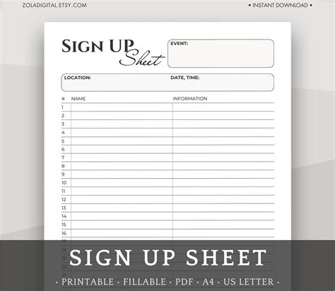 Sign up Sheet Printable and Fillable Sign up Sheet in PDF Template. A4 ...