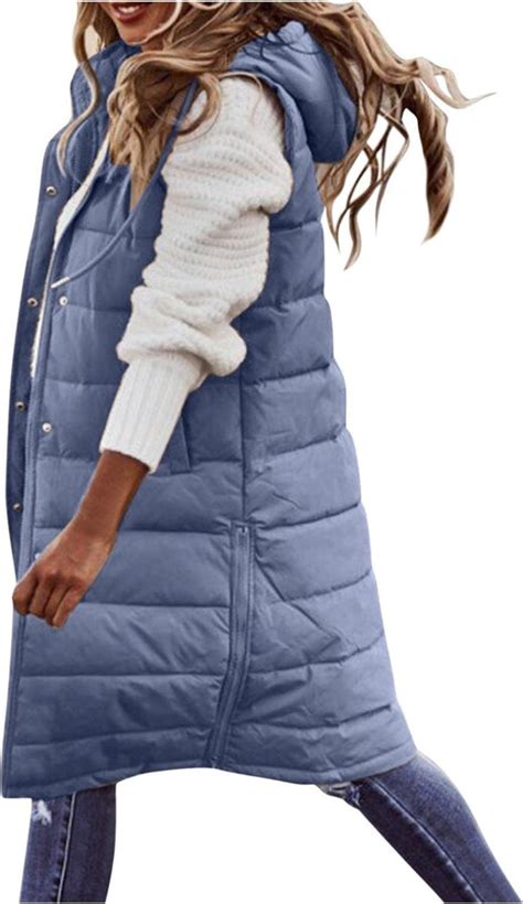 Chaoen Womens Long Gilets Solid Padded Gilet Hooded Quilted Jacket