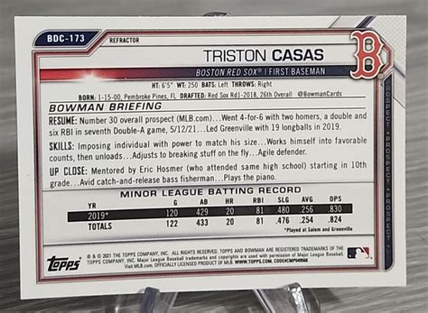 Triston Casas Bowman Chrome Draft Refractor Bdc Boston Red