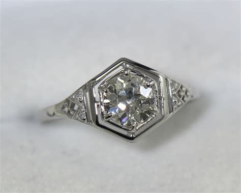 Art Deco Diamond Ring With Hexagonal Filigree Top