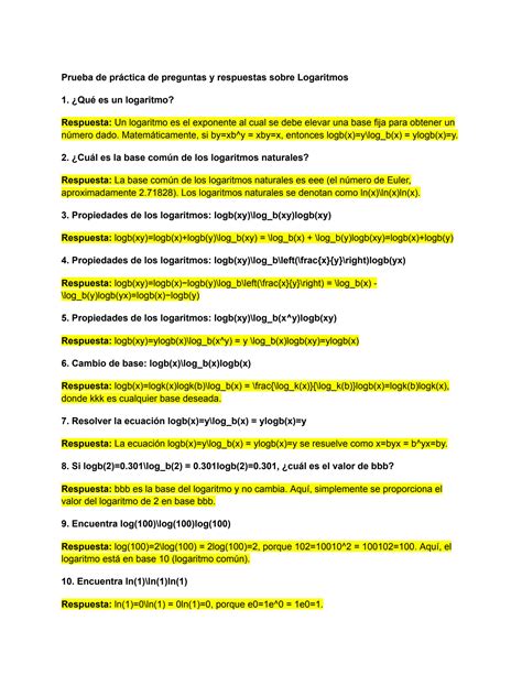 SOLUTION Prueba De Pr Ctica De Preguntas Y Respuestas Sobre Logaritmos