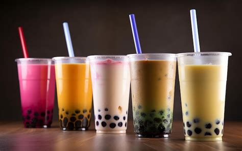 Premium Photo A Row Of Different Kinds Of Bubble Tea