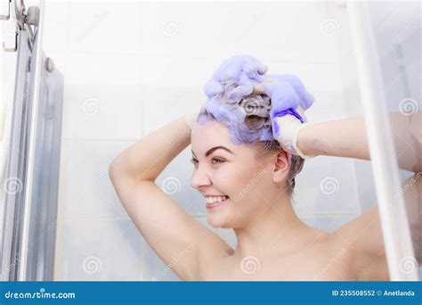Funny Woman With Toner Shampoo On Her Hair Stock Photo Image Of Washing Naked 235508552