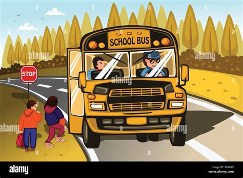 Una Ilustración Vectorial Del Chofer Del Autobús Escolar Y Niños Imagen