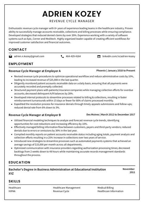 Revenue Cycle Manager Resume CV Example And Writing Guide