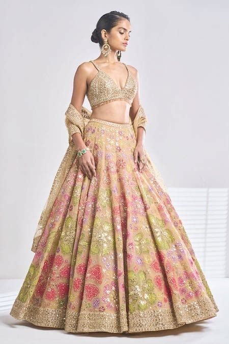 Buy Gold Net Embroidered Floral Plunge V Neck Applique Bridal Lehenga