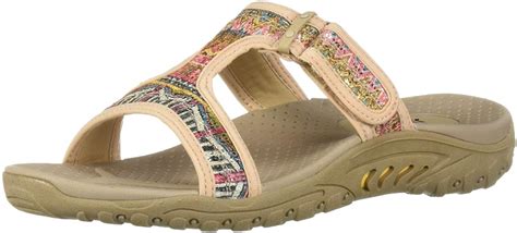 Skechers Women S Reggae Sequence Sequined T Strap Slide Dark Natural