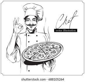 Smiling Happy Chef Holding Pizza Making Stock Vector Royalty Free