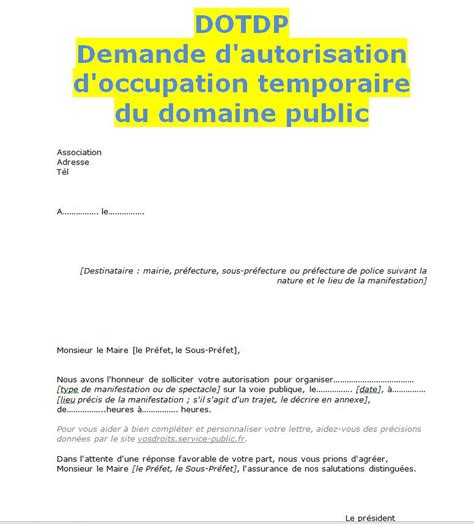 modèle demande autorisation d occupation temporaire du domaine public