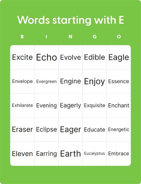 Words Starting With E - Bingo Card Creator