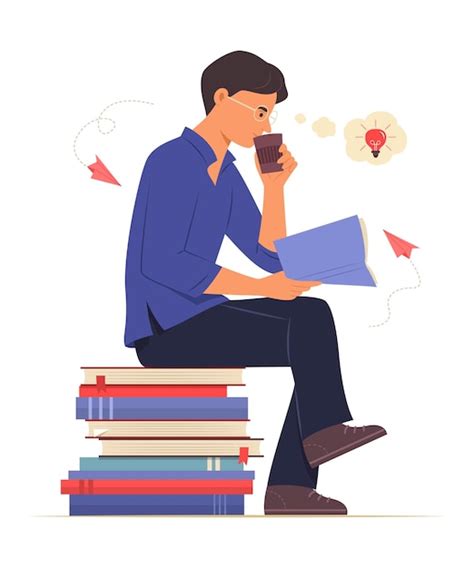 Человек, сидящий на куче книг и читающий иллюстрацию концепции книги ...