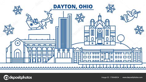 USA, Ohio, Dayton winter city skyline. Merry Christmas and Happy New Year decorated banner ...