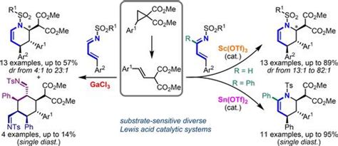 作为供体 受体环丙烷类似物的 1 氮杂二烯和苯乙烯基丙二酸酯之间的路易斯酸催化形式 42 和 222 环加成