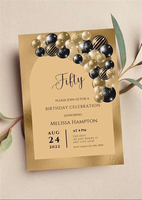 Editable Black And Gold Birthday Invitation Black And Gold Balloon