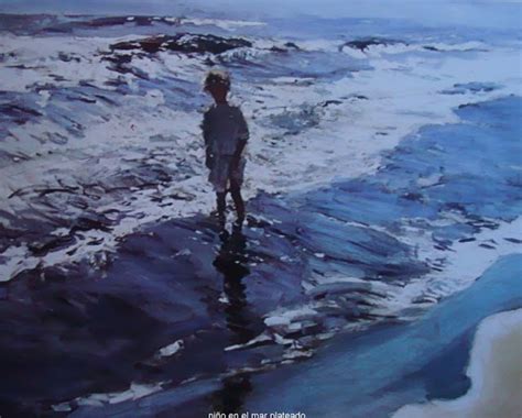 A Painting Of A Person Standing In The Water At The Edge Of An Ocean Shore