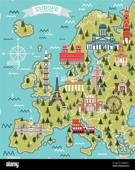 Map Of Europe With Illustrations Of Famous Landmarks And