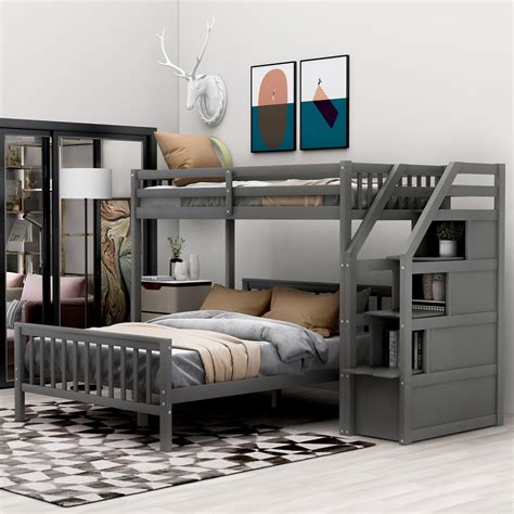 JINS&VICO Twin Over Full Bunk Bed with Storage Stairs,L Shaped Bunk ...