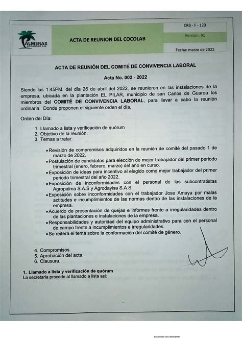 Acta Cocolab Ejemplo De Acta De Comit De Convivencia Laboral