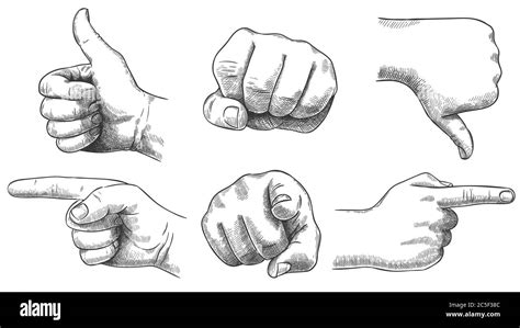 Engraved hands gesture. Hand drawn like and dislike, sketch punch and ...