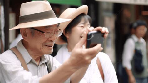 카메라를 들고 있는 아시아 노인 스마트폰을 보고 기뻐하는 부부 고화질 사진 사진 모자 배경 일러스트 및 사진 무료 다운로드