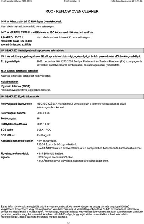 Biztons Gi Adatlap Roc Reflow Oven Cleaner Az Ek Rendelet