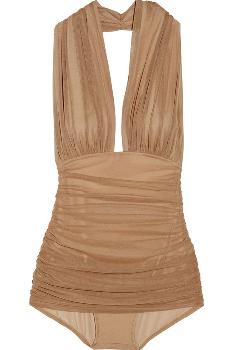 Norma Kamali Halter Robin Ruched Mesh Swimsuit Net A Porter