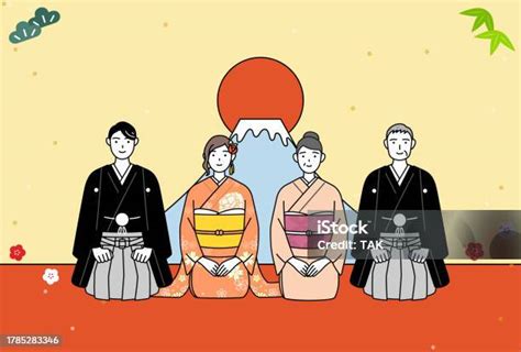 Carte Du Nouvel An 2024 Famille En Kimono Mont Fuji Et Premier Lever De