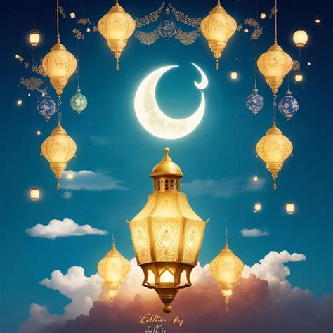 Cartaz Feliz Do Eid Alfitr Um Fundo De Lanternas Lua E Nuvens