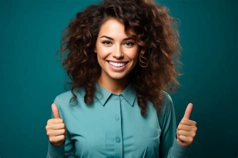 Premium Photo Woman With Curly Hair Giving Thumbs Up Sign Generative Ai