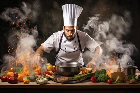 Premium AI Image | Chef cooking with a pot of vegetables and a pan of fire behind him