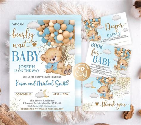 Editable Boy Bear Hot Air Balloon Baby Shower Set Invitations We Can Bearly Wait Baby Shower