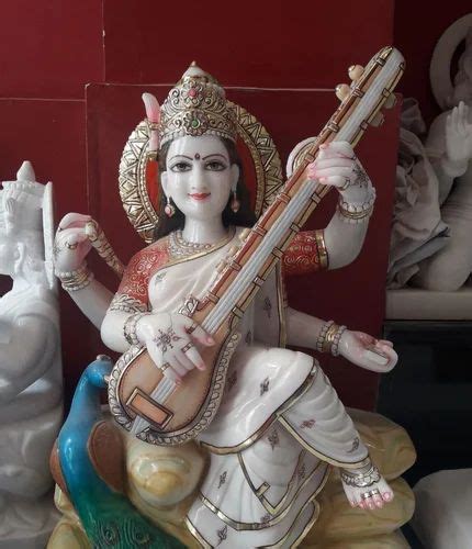 White Painted Saraswati Mata Marble Statue For Temple At Best Price In