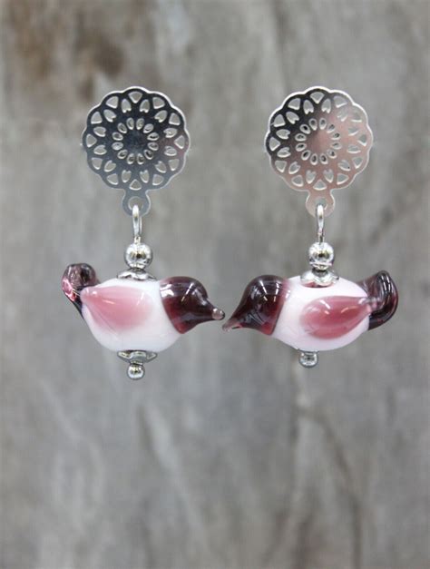 Edelstahl Ohrringe Ohrstecker Perlen Lampwork Vögel Violett Rosa Edel